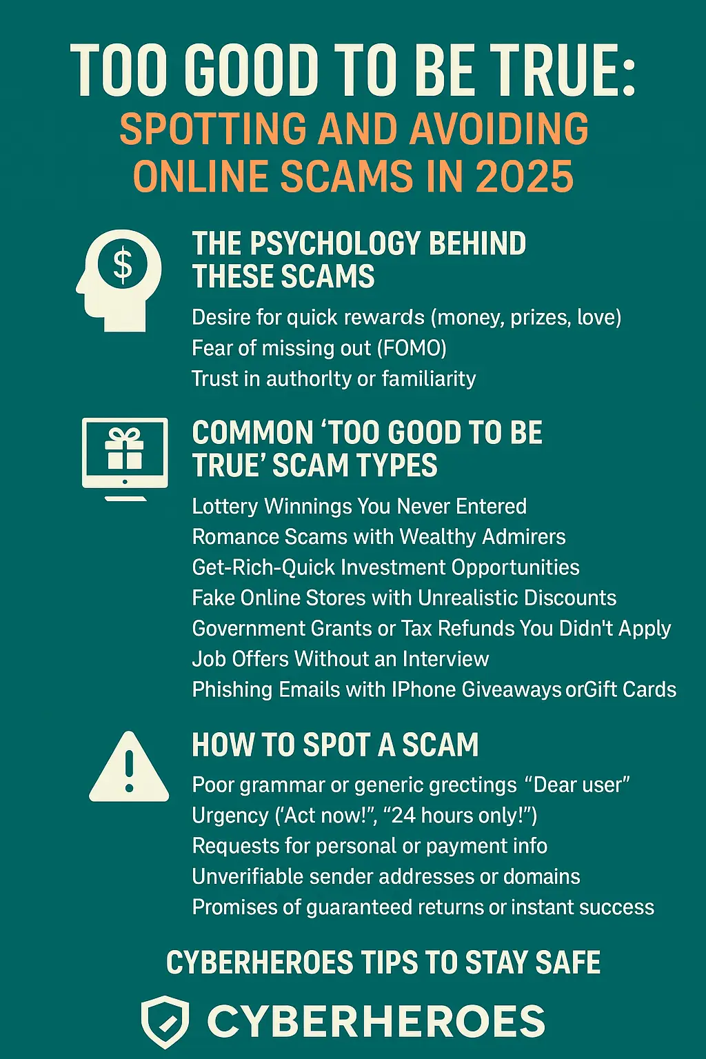 cyberheroes too good to be true scam infographic