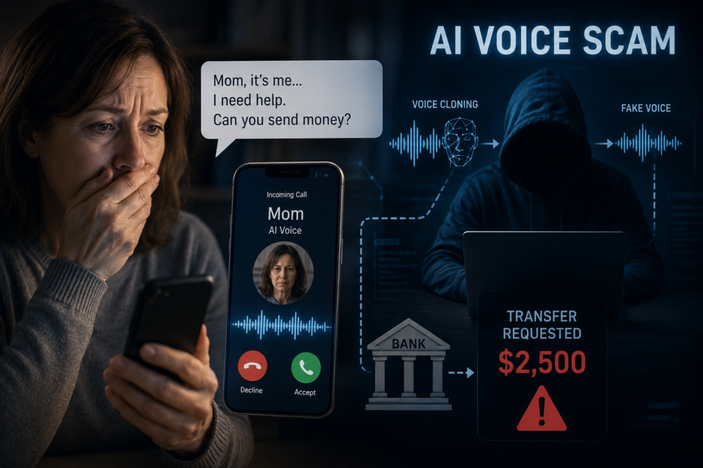 an image of a woman recieving a fake AI generated voice call from a loved one