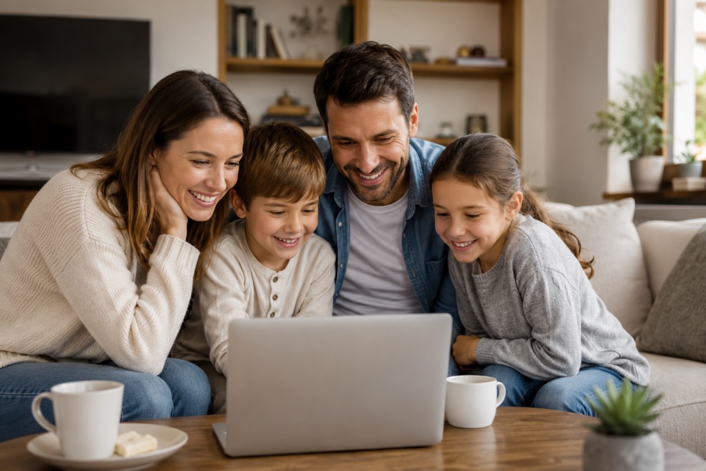 happy family gathered around laptop