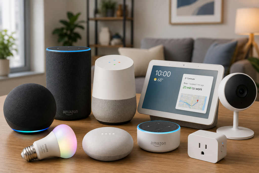 a large number of smart home devices on a table