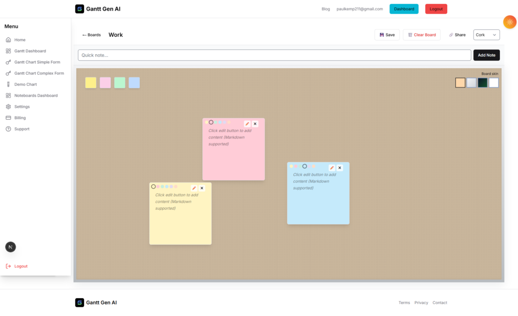 a screenshot of the noteboard on GanttGenAI