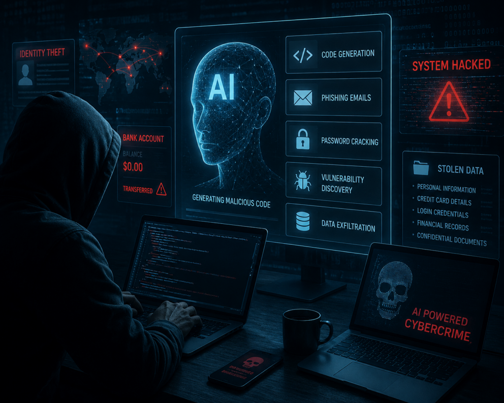 an image of a Hacker commiting AI powered cybercrime