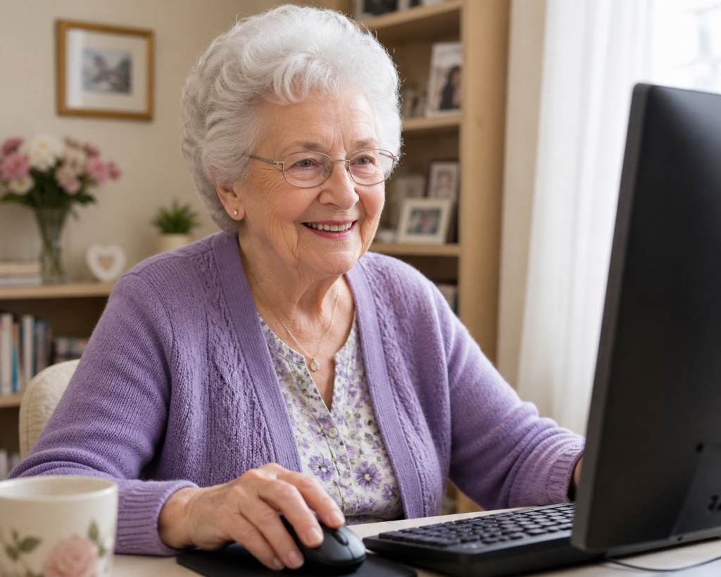 smiling elderly woman sitting at her computer