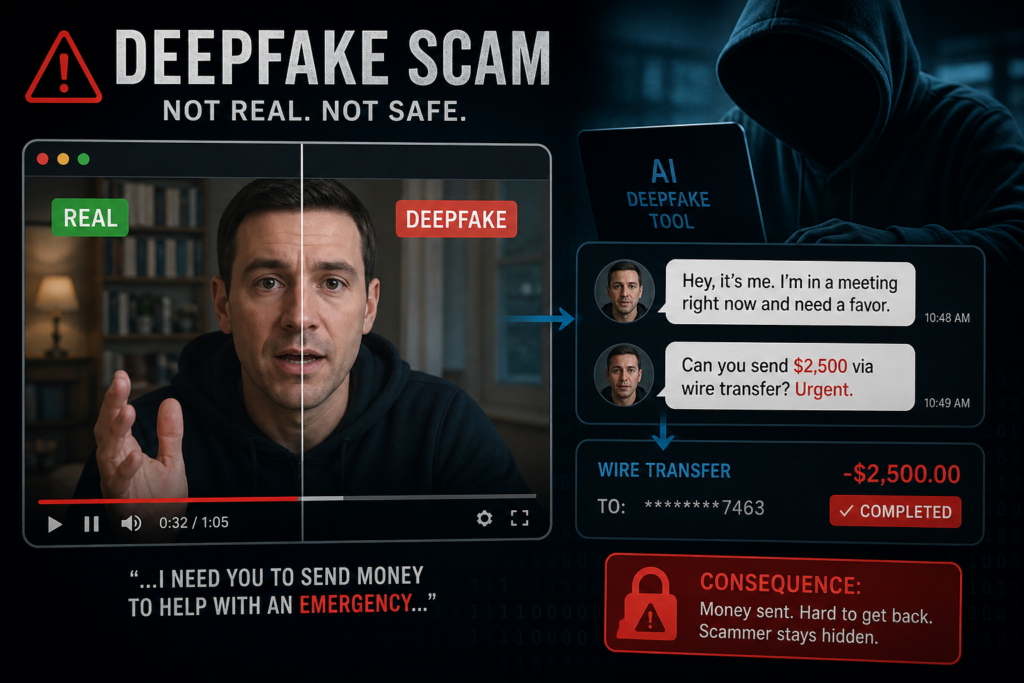 an image of a deepfake scam attempting to trick the user into giving away money