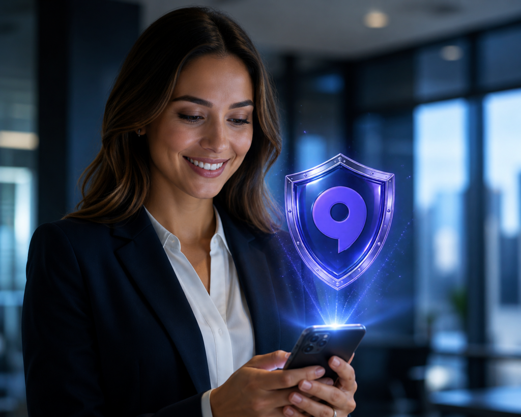 a business woman holding a smartphone with a holographic cyberheroes shield floating above it