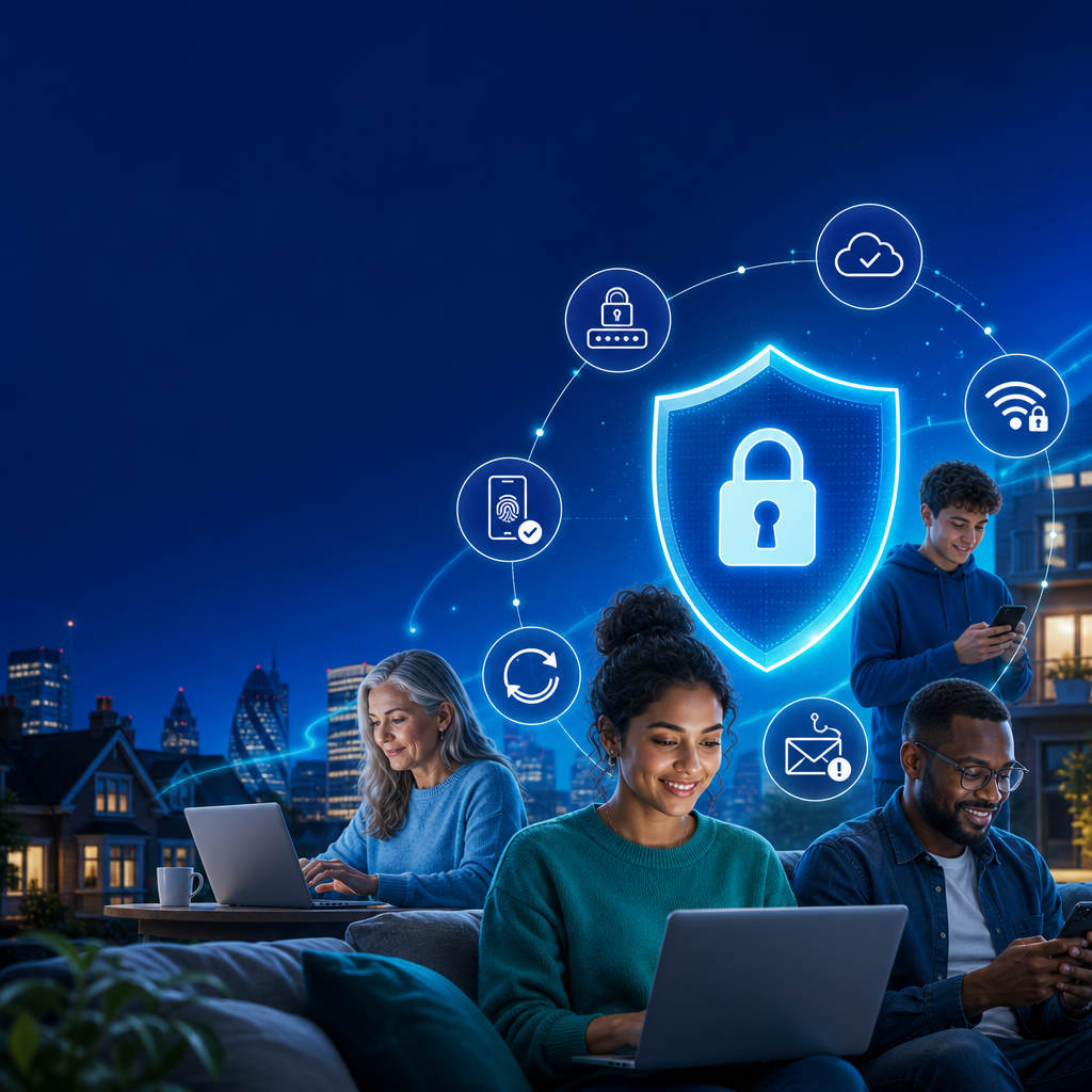 group of people working on laptops with cyber security icons around cyberheroes uk